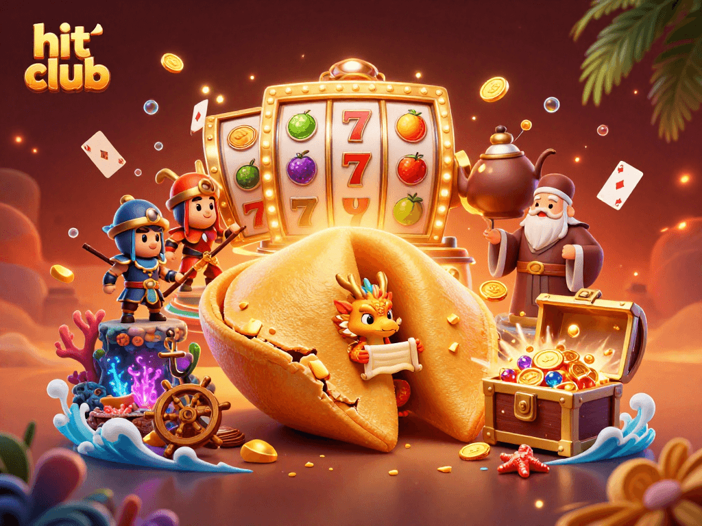 Engage with hit club for a chance to win jackpots in a vibrant casino-themed illustration.