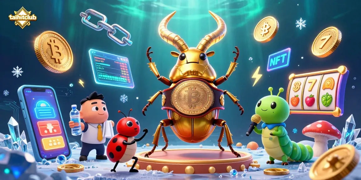 Experience thrilling action at taihitclub with cartoon characters battling amidst slots and crypto coins.