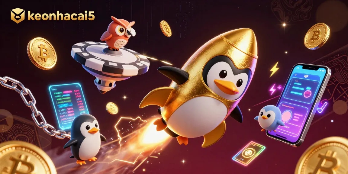 Engage with keonhacai5 through a vibrant 3D illustration of a golden penguin in a casino-themed space adventure.