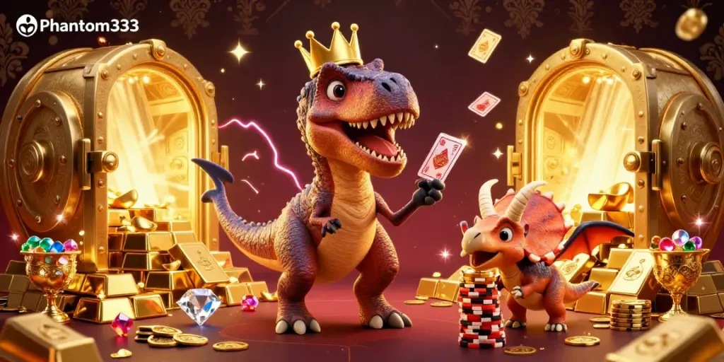 Engage with Phantom333 as a T-Rex shuffles cards with a pterodactyl assistant in a vibrant casino scene.