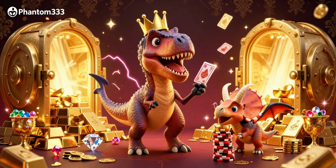 Engage with Phantom333 as a T-Rex shuffles cards with a pterodactyl assistant in a vibrant casino scene.