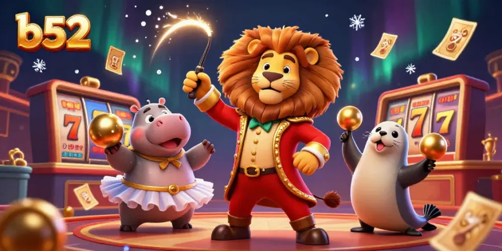 Join the b52 casino fun with a 3D illustrated ringmaster lion and exciting slots.