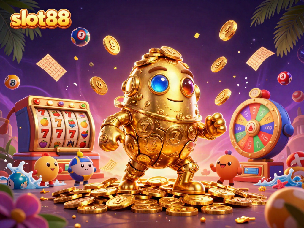 Slot88 memberi pengalaman bermain yang menarik dengan simbol jackpot dan mesin slot dalam ilustrasi.