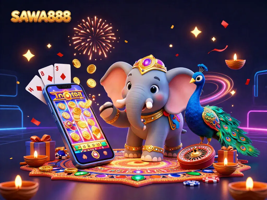 SAWA888 showcases a vibrant 3D casino scene with a Diwali elephant and exciting slot games.