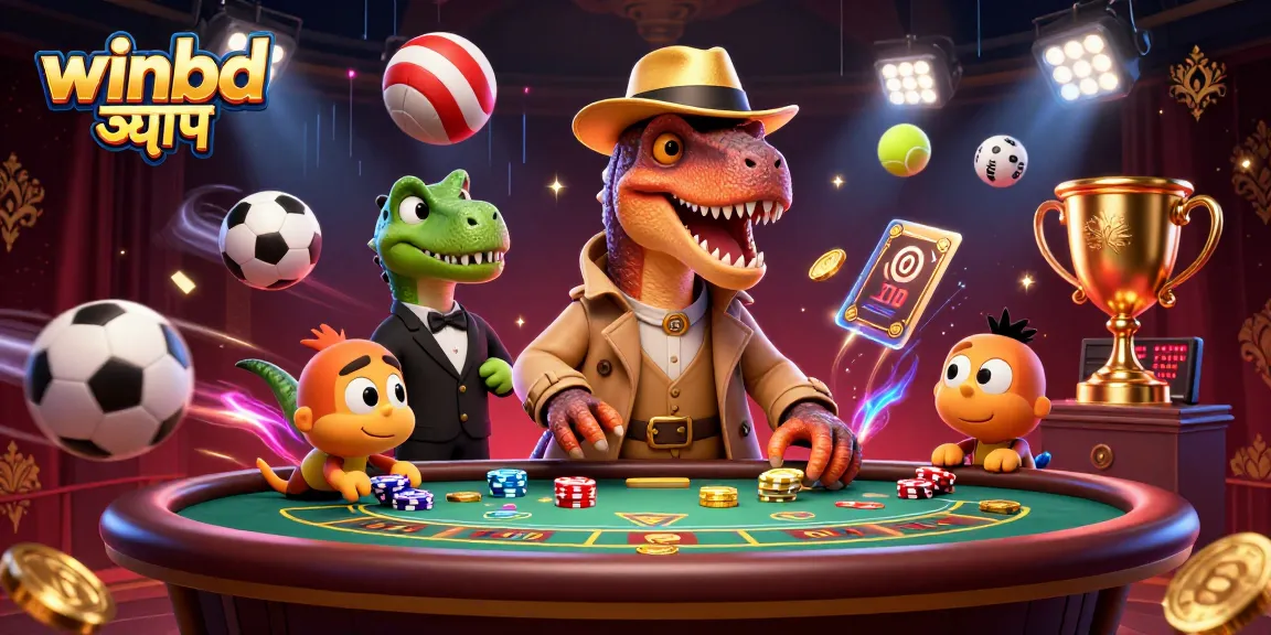 Engage with the winbd অ্যাপ in a vibrant 3D casino scene showcasing dynamic characters and exciting gambling action.