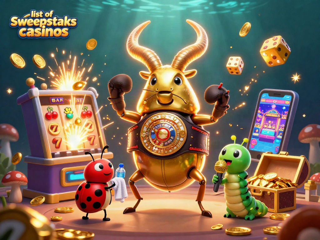 Engage with the list of sweepstakes casinos in a detailed 3D illustration, highlighting various casino elements.