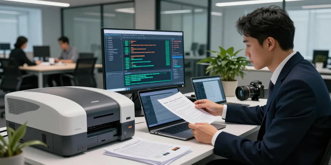 Analyst using document fraud detection software in a modern office setup.