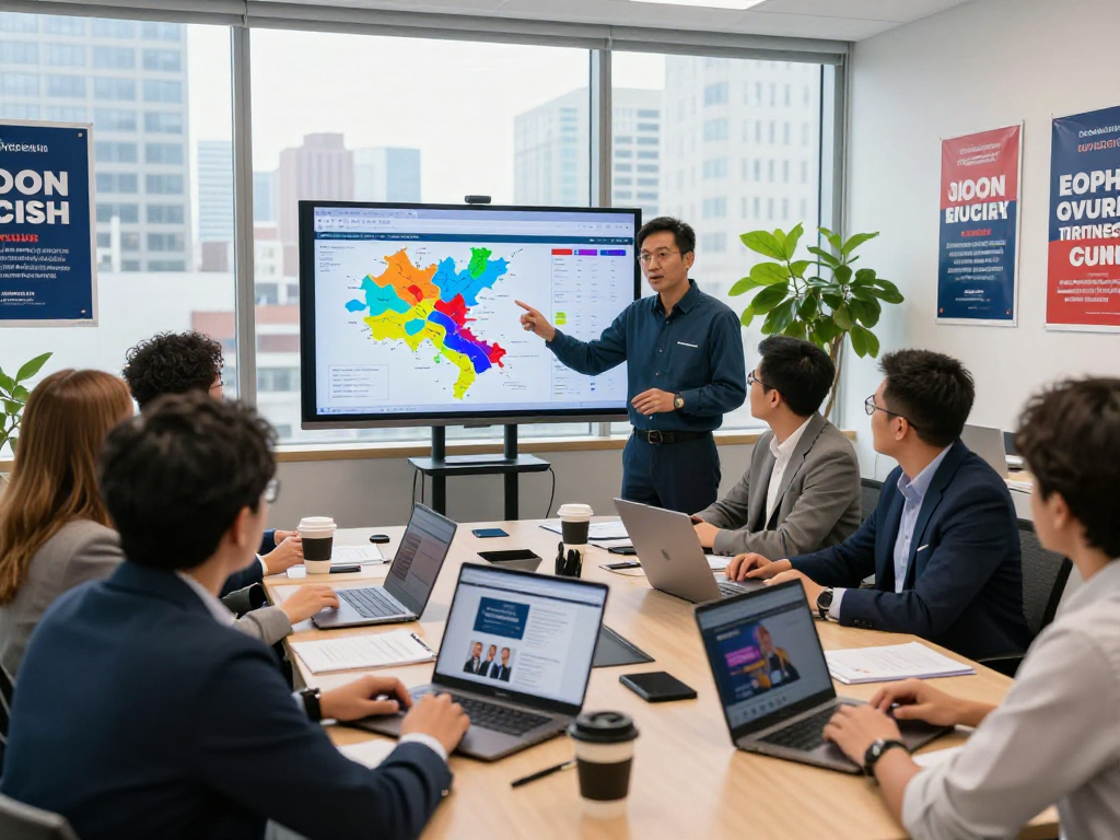 Political campaign marketing cost analysis in a strategic meeting with data visualization and urban office backdrop.