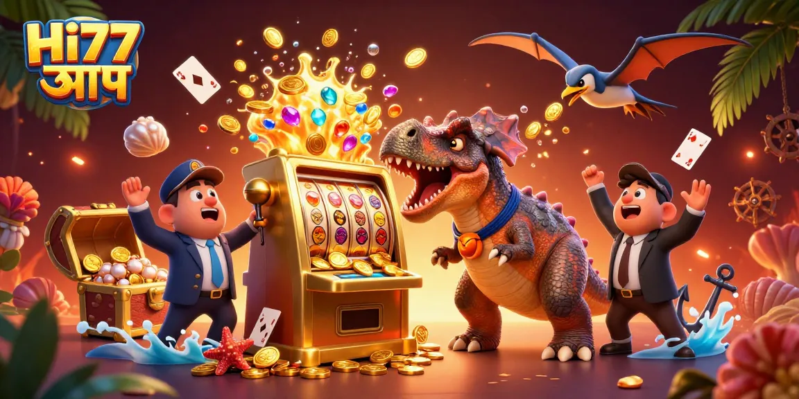 Experience thrilling victories with the Hi77 অ্যাপ as a dinosaur battles a slot machine for jackpots.