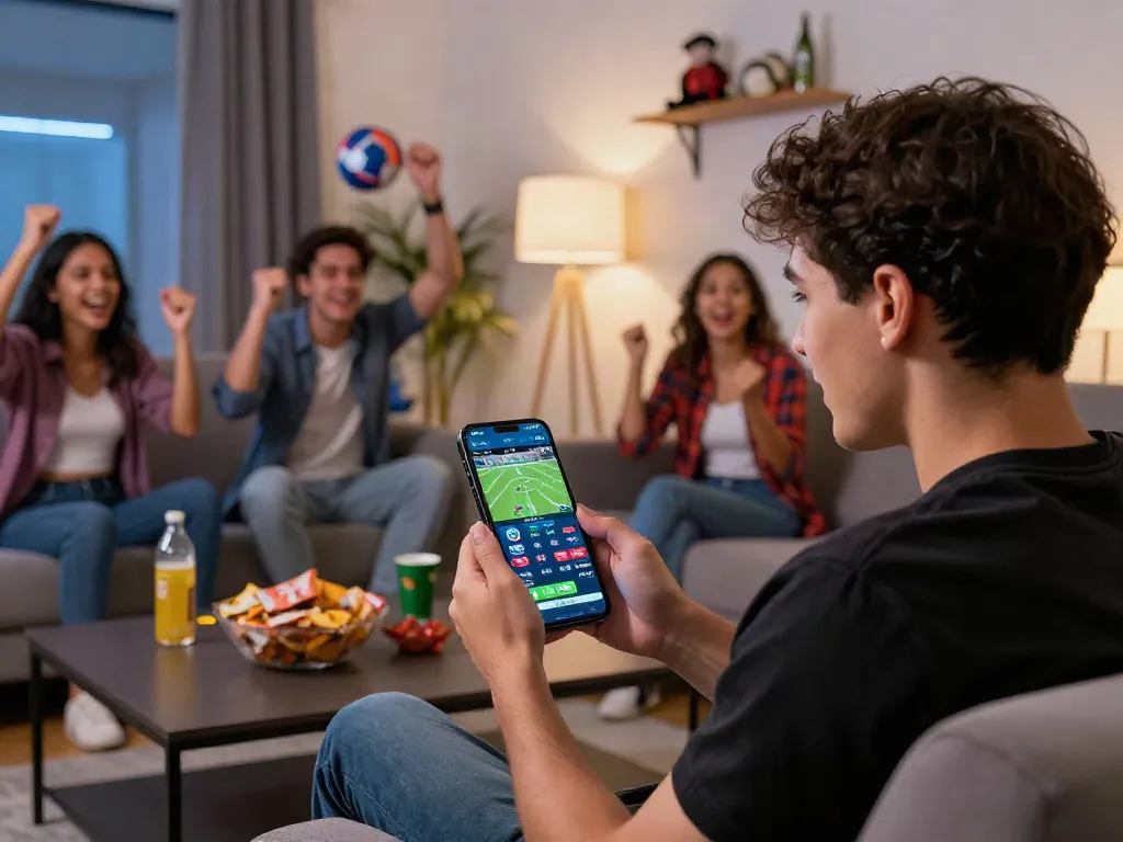 Excited user engaging with m88 link mobile app on smartphone in a lively living room.