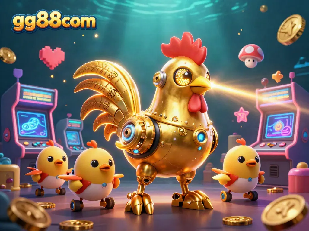 Engage with gg88com's dynamic gaming scene featuring a golden rooster robot and baby chick drones.