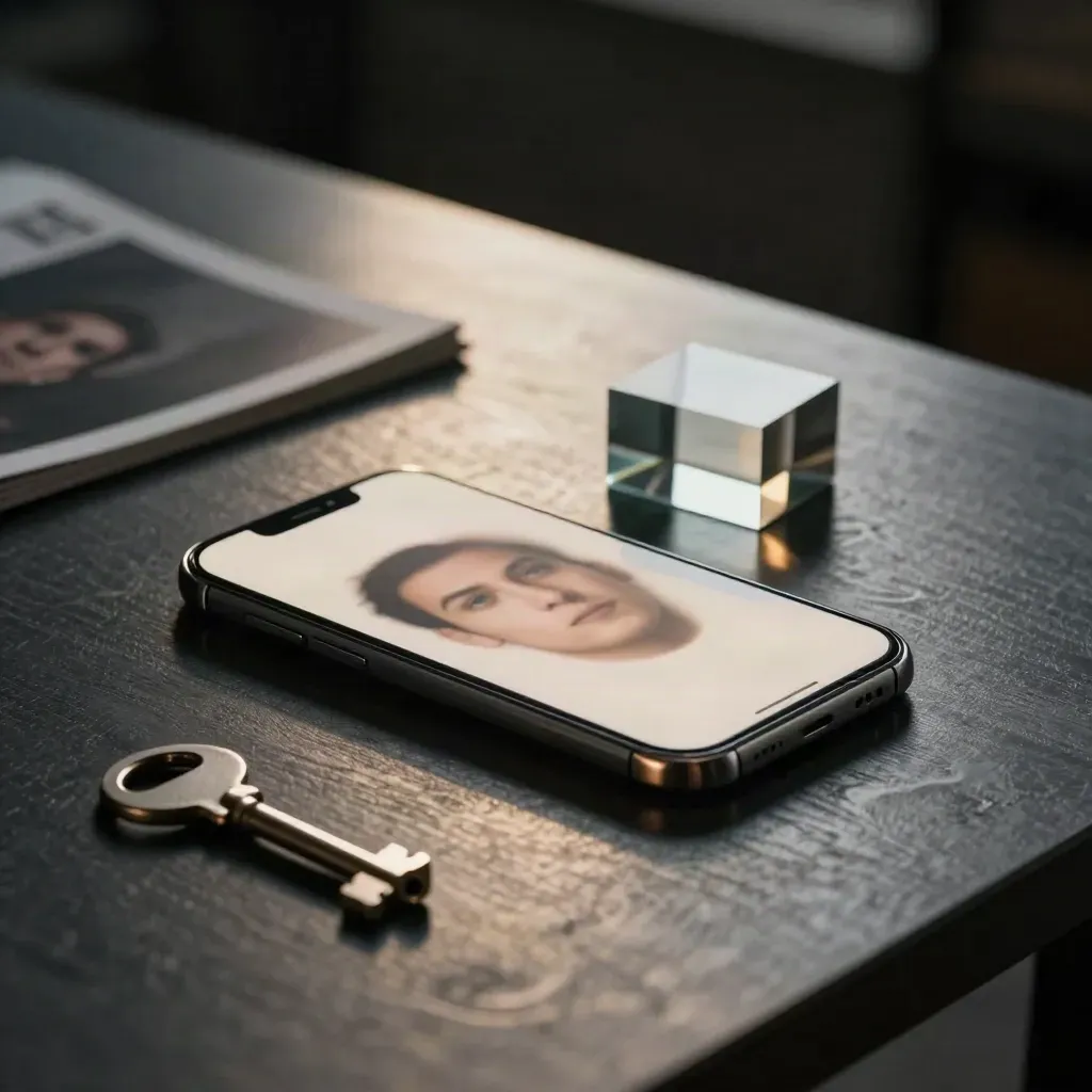 Smartphone on a dark studio table with prism light and flipped photo sleeves.