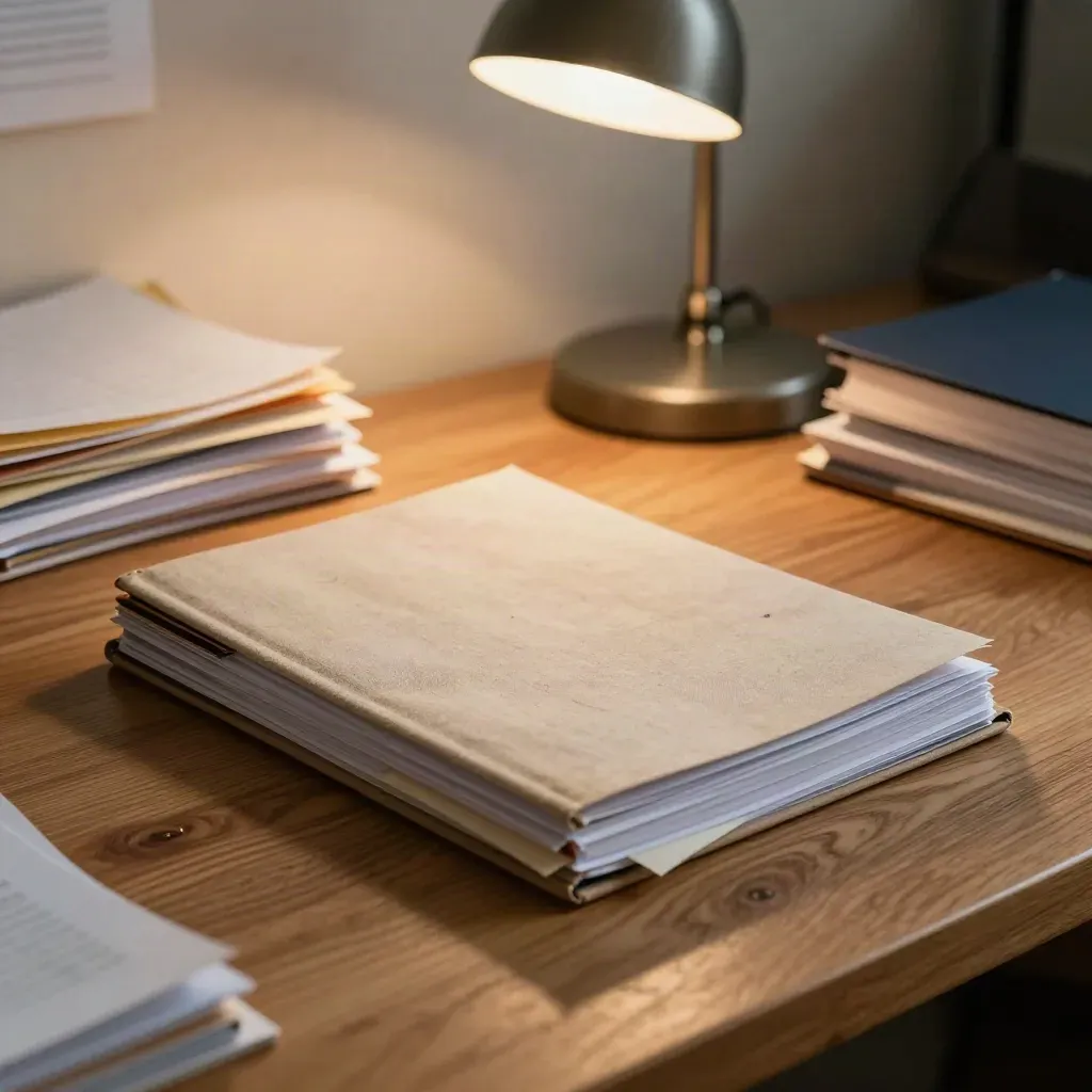 Warm newsroom desk with source packets, notebook, lamp and coffee ring on oak.