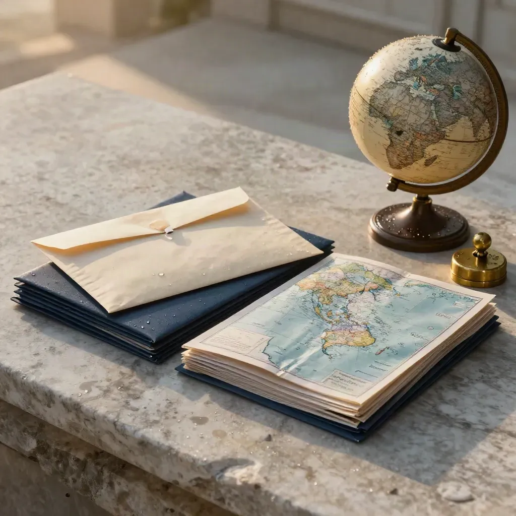 Rain-lit fact-check table with source packets, atlas, globe and brass paperweight on pale stone.