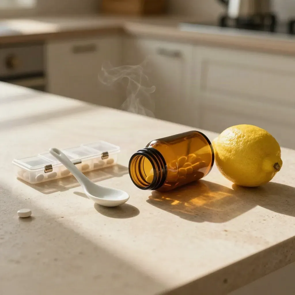 Morning kitchen still life with medicine bottle, pill organiser, lemon and spoon in warm light