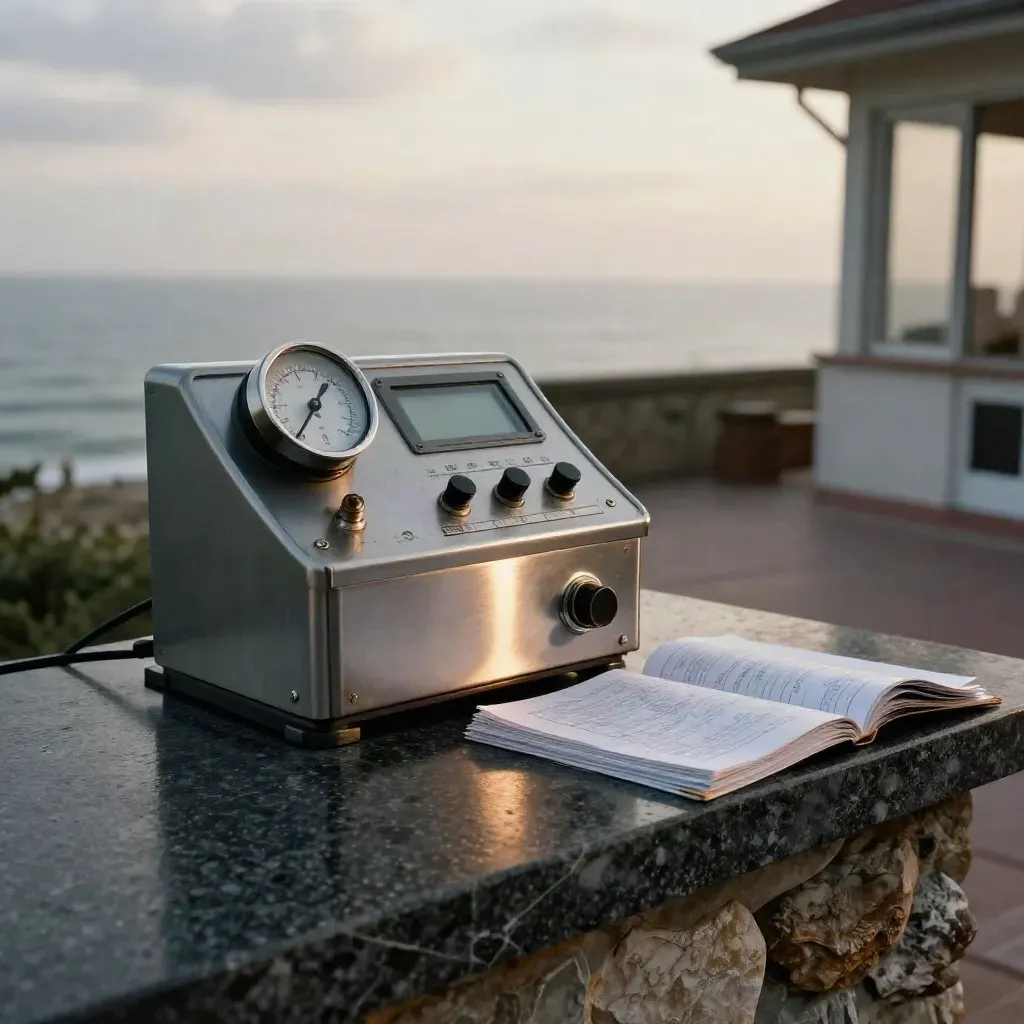 Weather station console on basalt patio with barometer gauge and folded charts in sea haze.