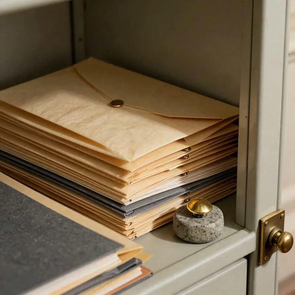 Courthouse filing shelf with sealed envelopes, clipped folders, and a paperweight in warm afternoon light.