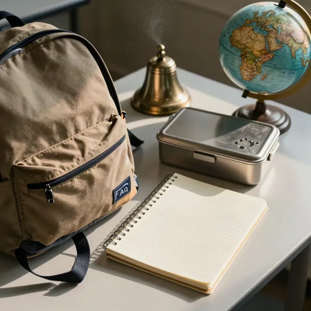 Backpack, notebook, lunchbox, and globe on a sunlit classroom desk.
