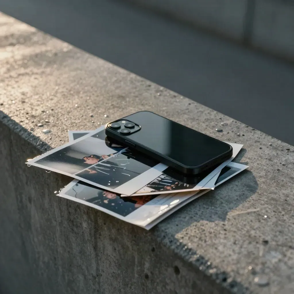Phone frozen on a fake clip beside mirrored tile and glossy sleeves on a concrete ledge