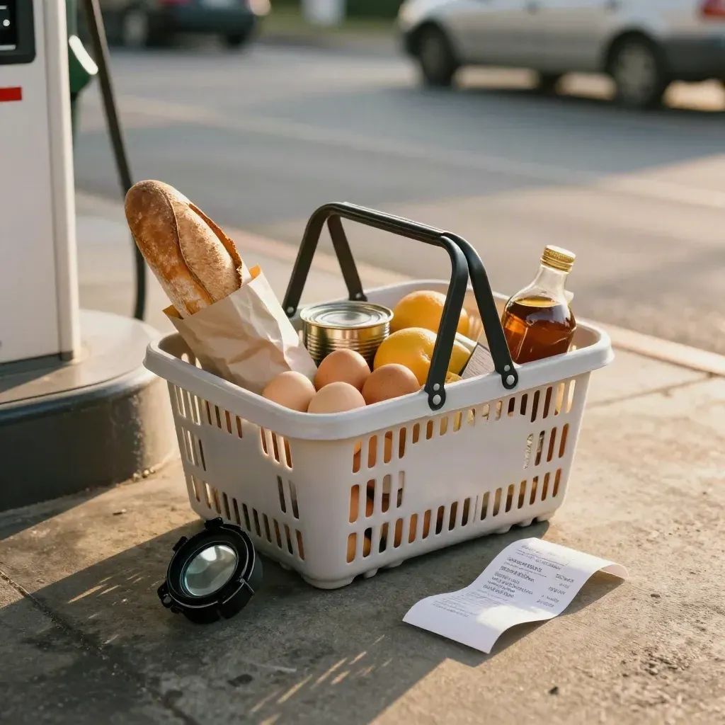 Grocery basket at a gas station with staples, a face-down receipt, and an open fuel cap at golden hour.