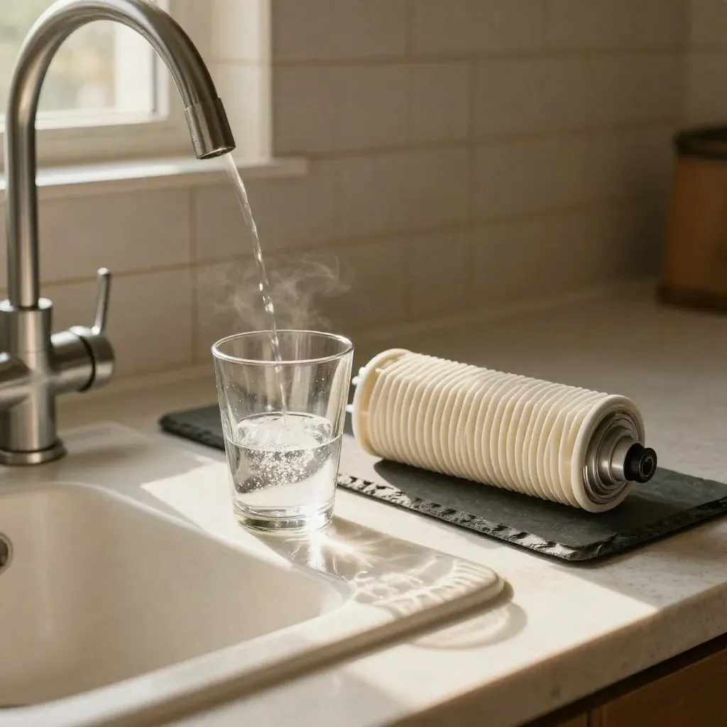 Sunlit kitchen sink with a glass filling beside a replacement filter cartridge.