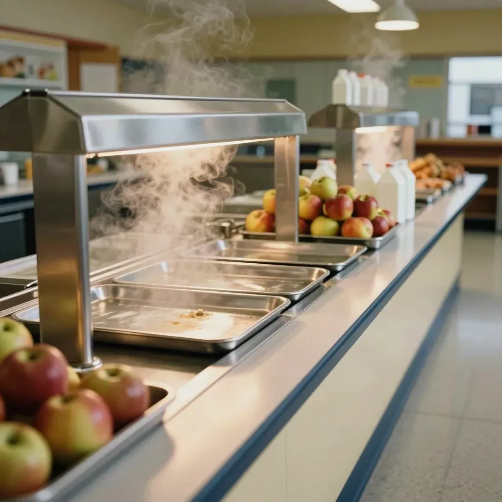 Empty cafeteria line with steel trays, apples, milk cartons, and lingering steam.