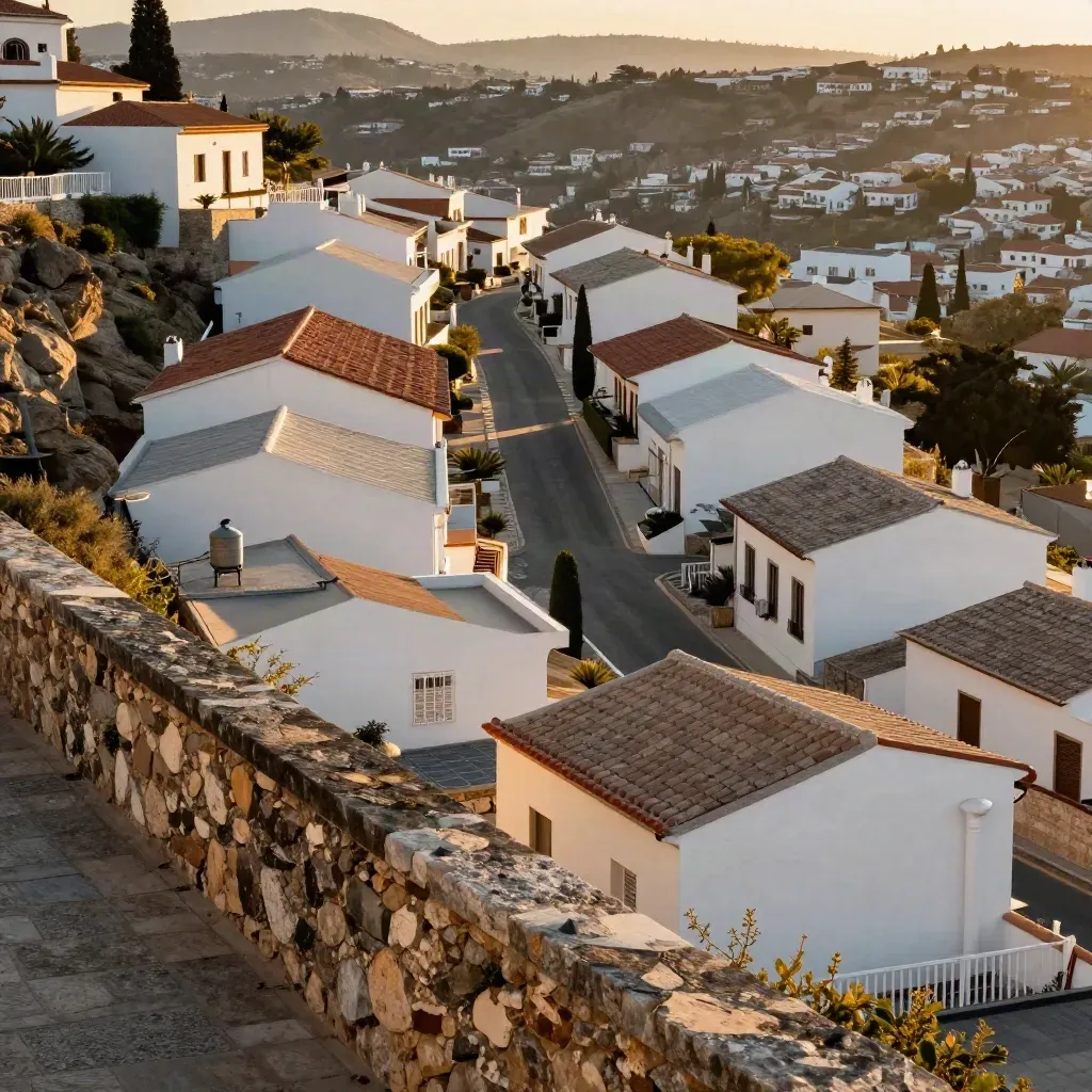 Hillside homes in a tight street grid above a stone balcony wall at golden hour.
