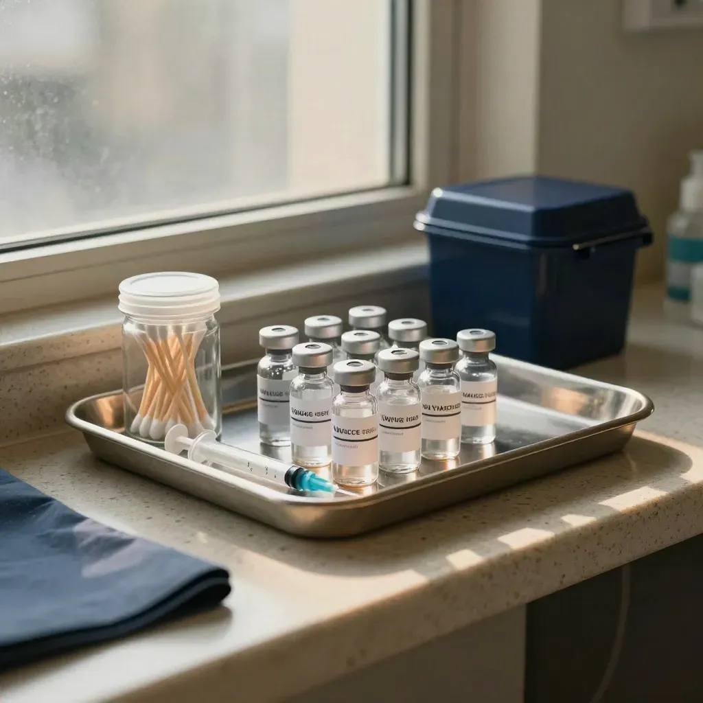 Clinic prep counter with vaccine vials, swabs, and a closed sharps bin in soft morning light.