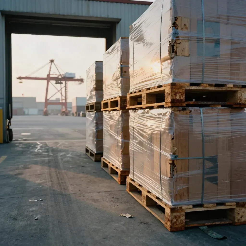 Industrial port lane with wrapped pallets, export crates, and a distant crane in hazy gold light.
