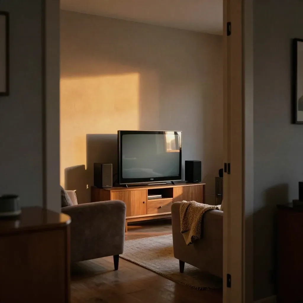 Dusk-lit living room wall glowing from an offscreen TV beside a speaker and folded throw