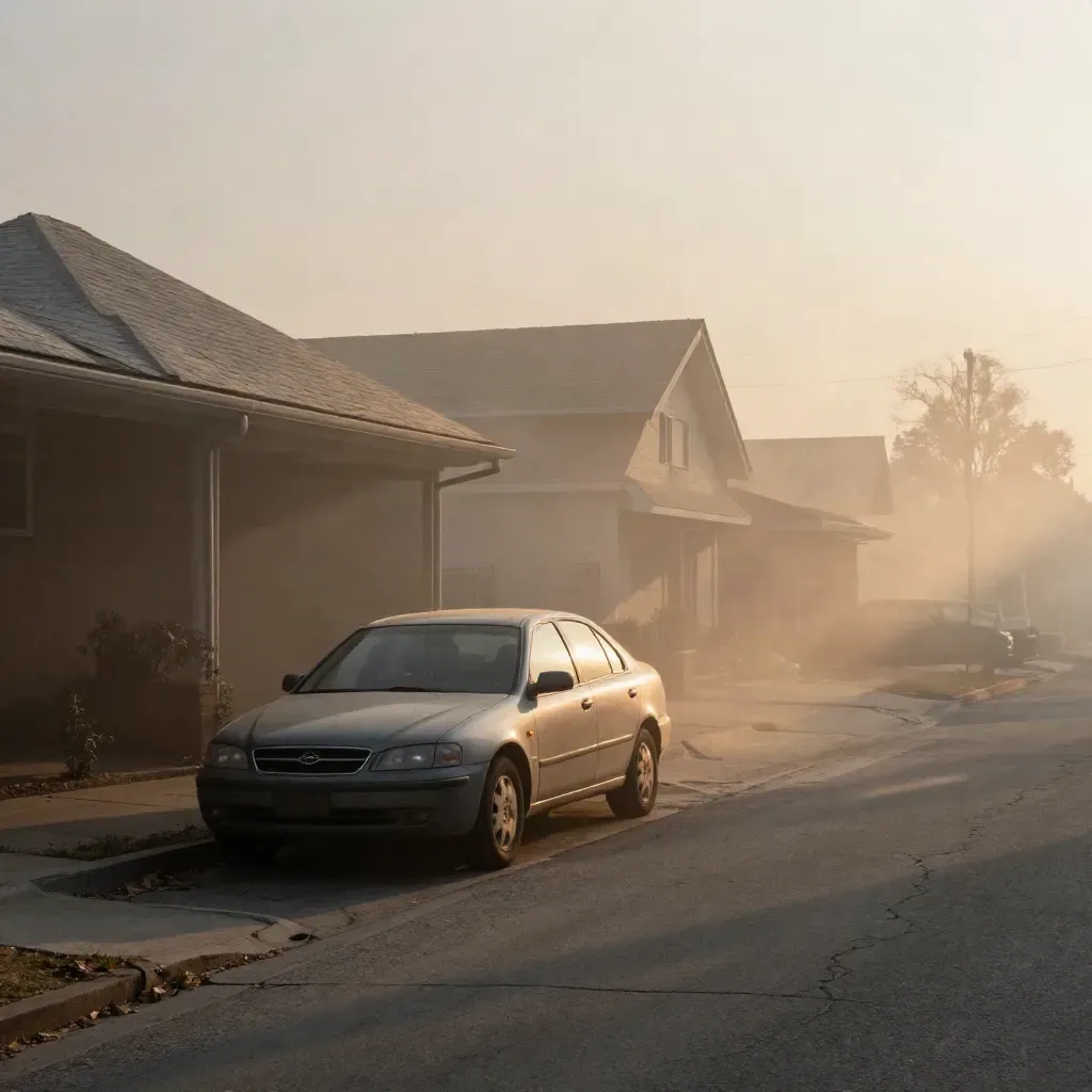 Smoky suburban street with parked car, pale roofline, and ash-filled orange haze