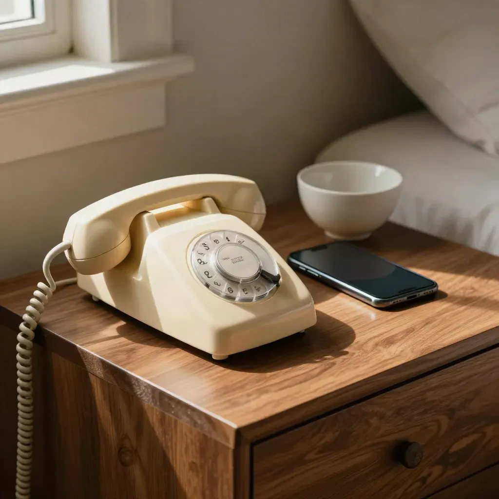 Bedside table with an old handset, dark smartphone, and white ceramic bowl in warm window light