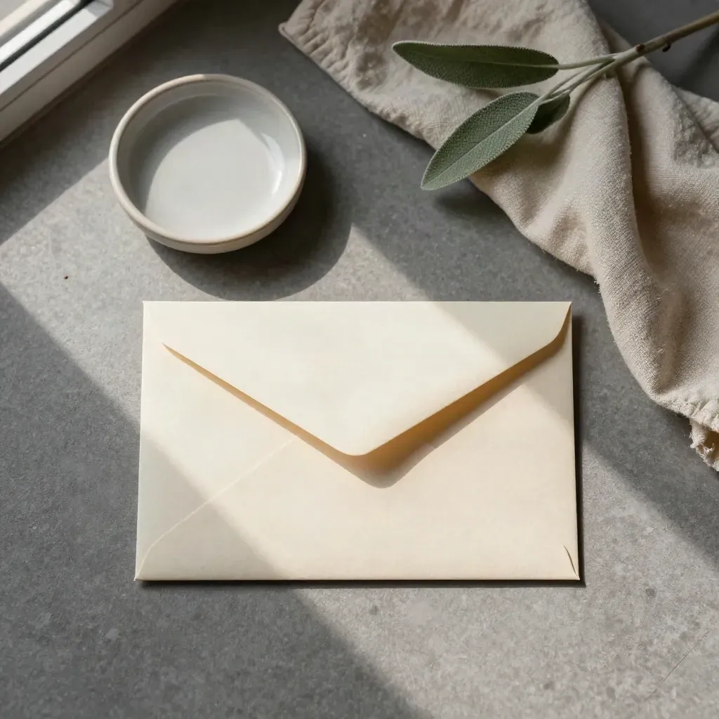Top-down still life of ballot envelope, ceramic dish, linen cloth, and potted sprig on stone.