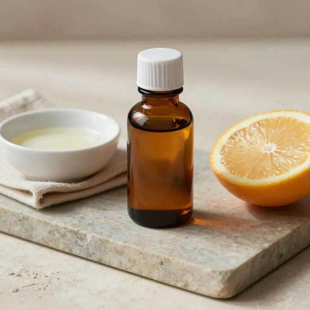 Amber bottle, ceramic bowl, cloth, and citrus half on a stone tray in soft morning light.