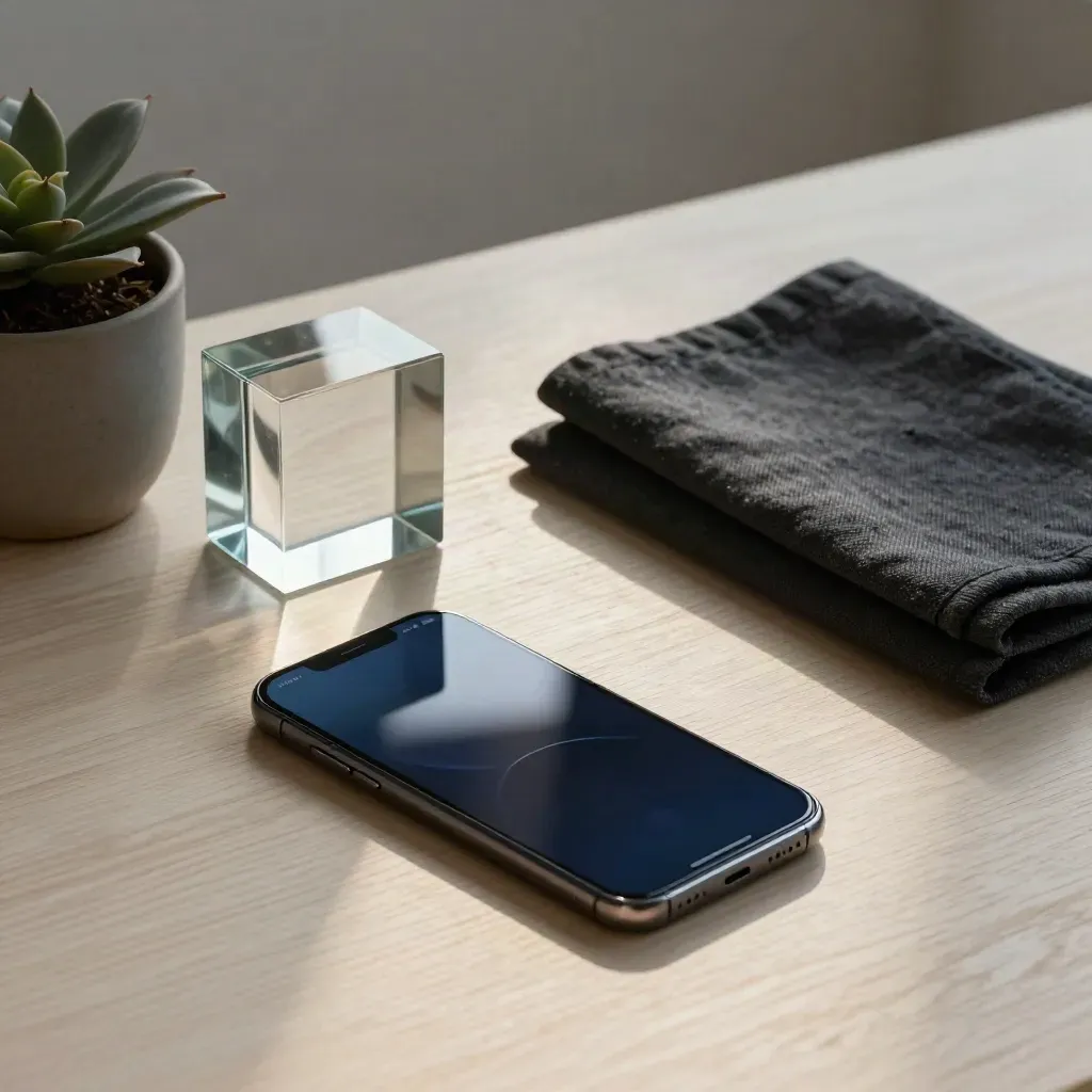 Dark phone, glass block, charcoal cloth and small plant on pale wood.