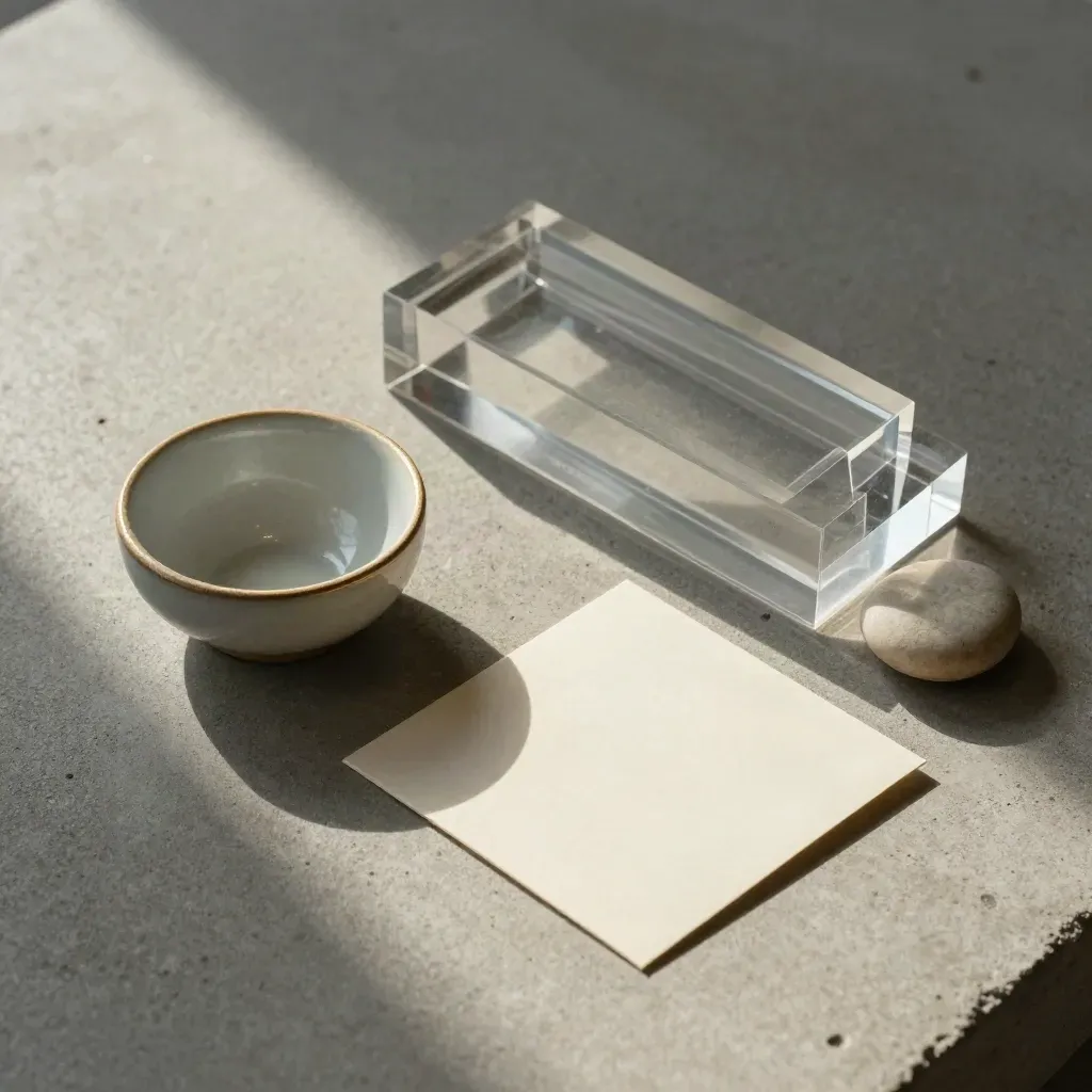 Acrylic bars, ceramic bowl, folded cream card, and pebble on concrete in soft golden light.