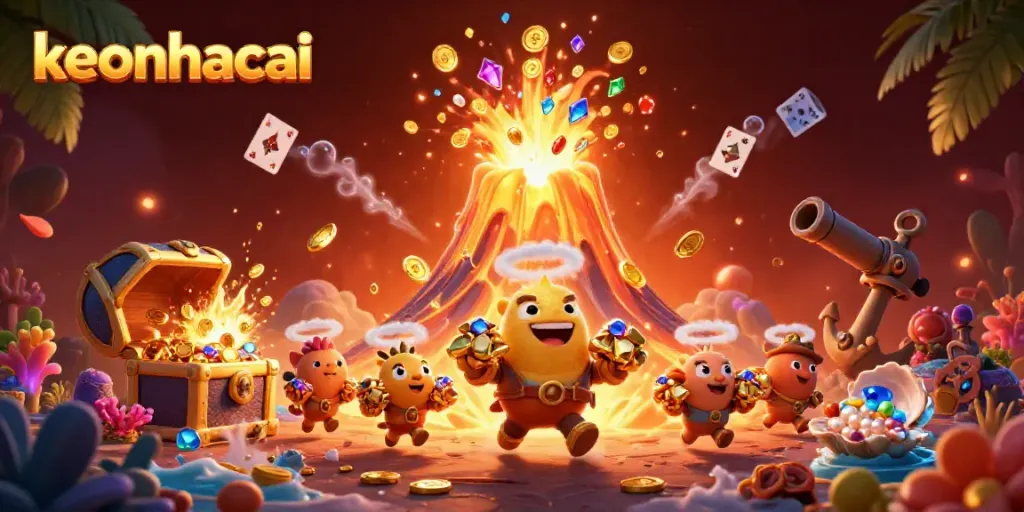 Experience the excitement of keonhacai with a golden volcano erupting treasure in this vibrant gambling scene.