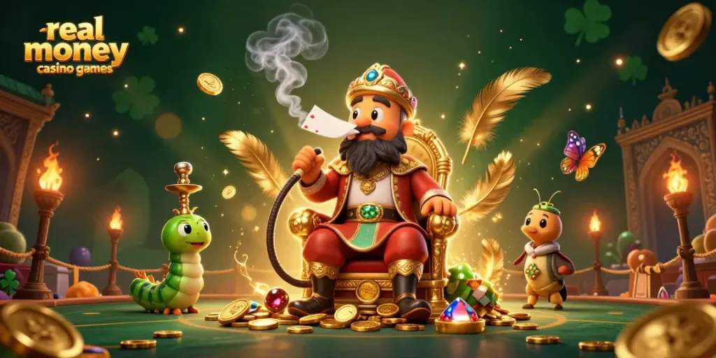 Experience real money casino games in a vibrant 3D illustration featuring a whimsical caterpillar and casino symbols.