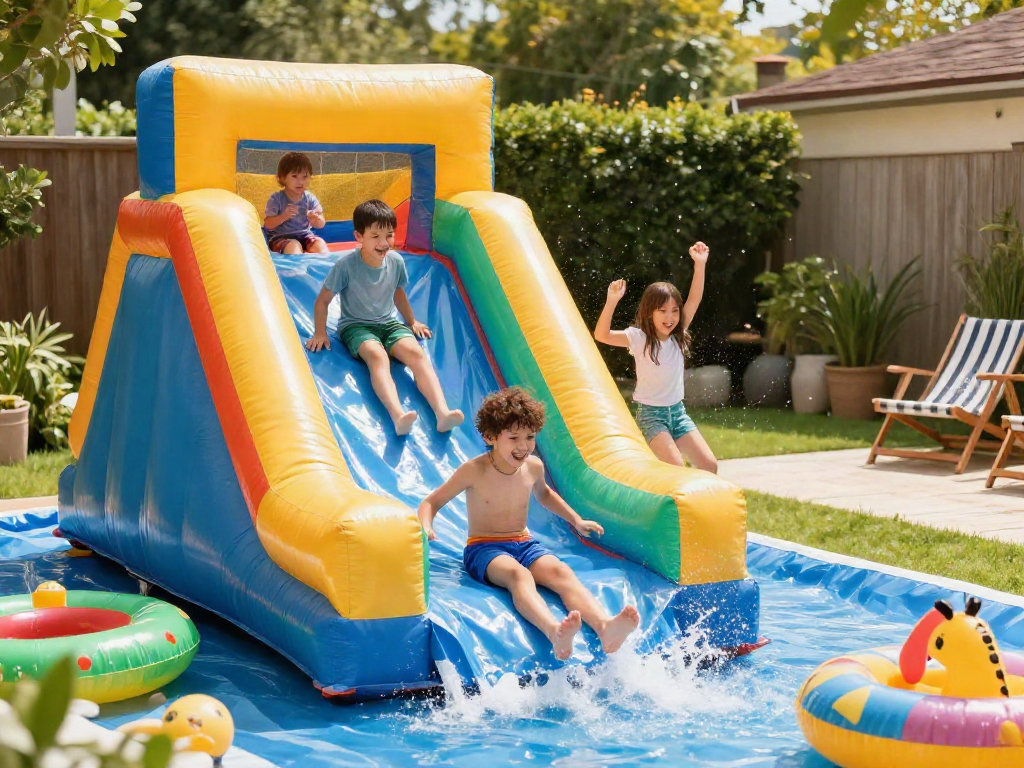 Children enjoying a water slide in a sunny backyard, capturing summer fun and excitement.
