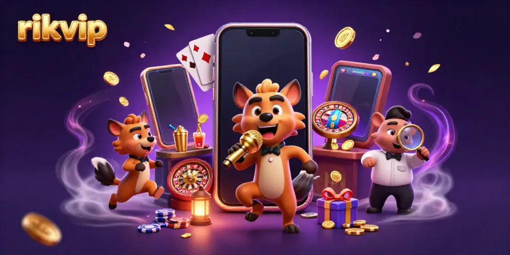 Experience festive fun at rikvip with animated hyenas in a colorful casino scene featuring games and laughter.