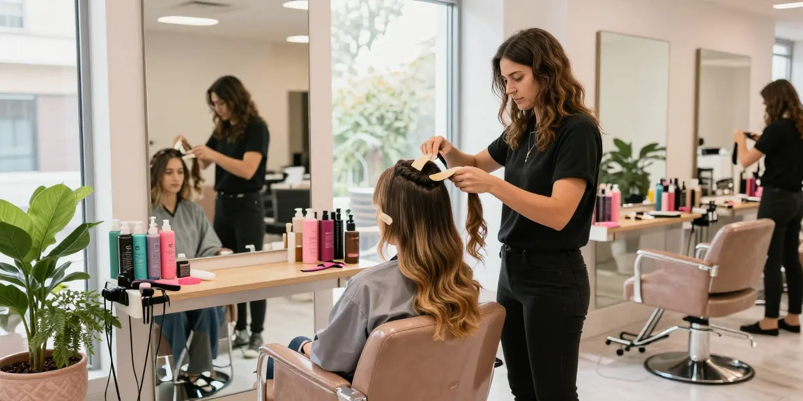 Tape in hair extensions application in a modern salon with stylist and client.