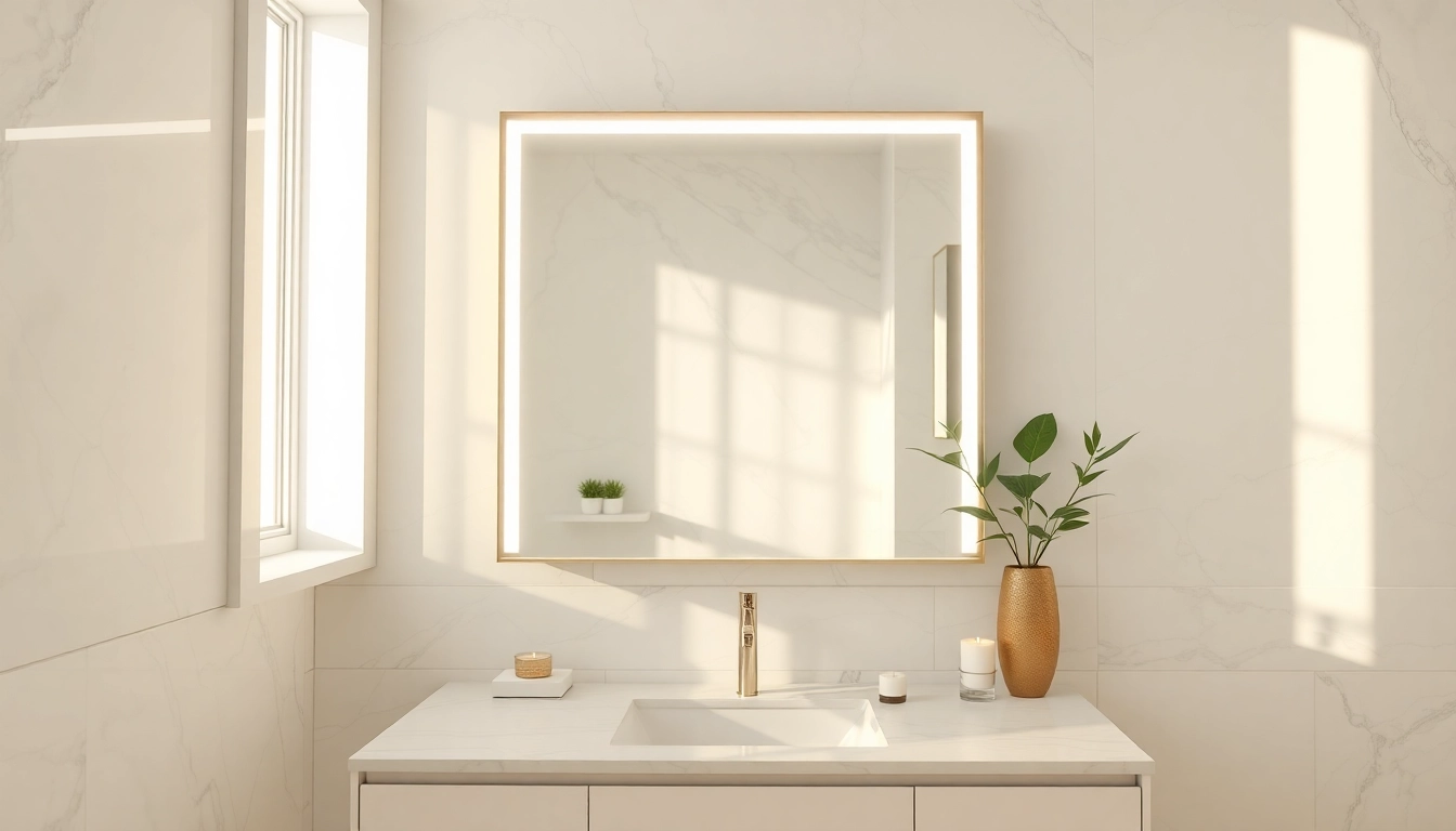 Showcase of an elegant led mirror reflecting a stylish bathroom setting.