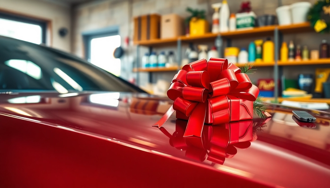 Presenting a Christmas car detailing gift wrapped in festive red, ready to delight car enthusiasts.
