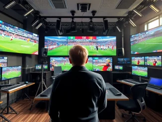 Engaging scene of Sports Broadcasting studio showcasing advanced technology and live sports coverage.