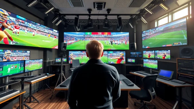 Engaging scene of Sports Broadcasting studio showcasing advanced technology and live sports coverage.