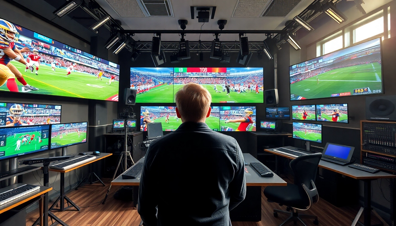 Engaging scene of Sports Broadcasting studio showcasing advanced technology and live sports coverage.