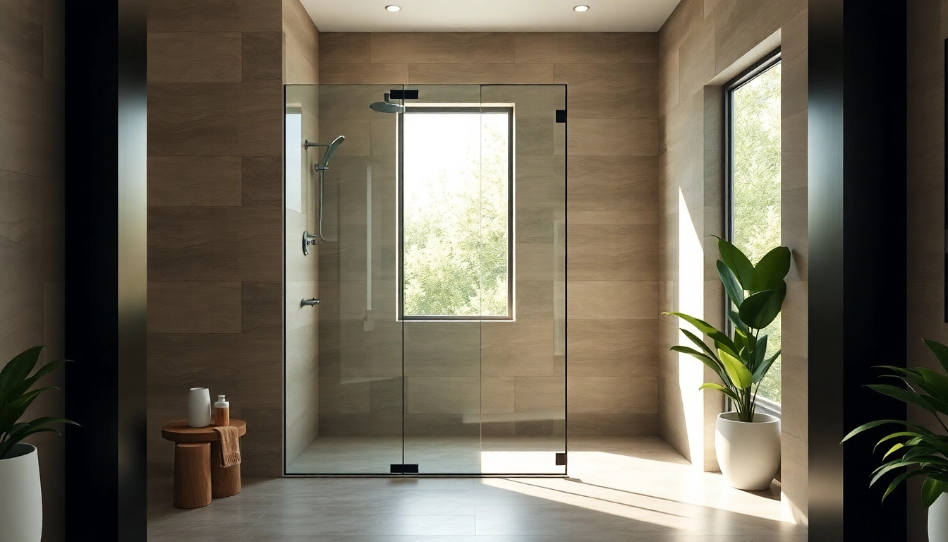 Elegant black shower door enhances a modern bathroom with natural light and smooth textures.