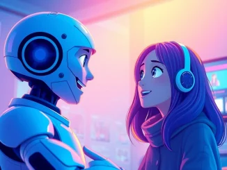 Vibrant illustration of a user engaged in a chat with an AI character that embodies the concept of crush on ai.