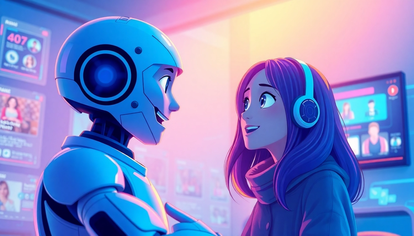 Vibrant illustration of a user engaged in a chat with an AI character that embodies the concept of crush on ai.