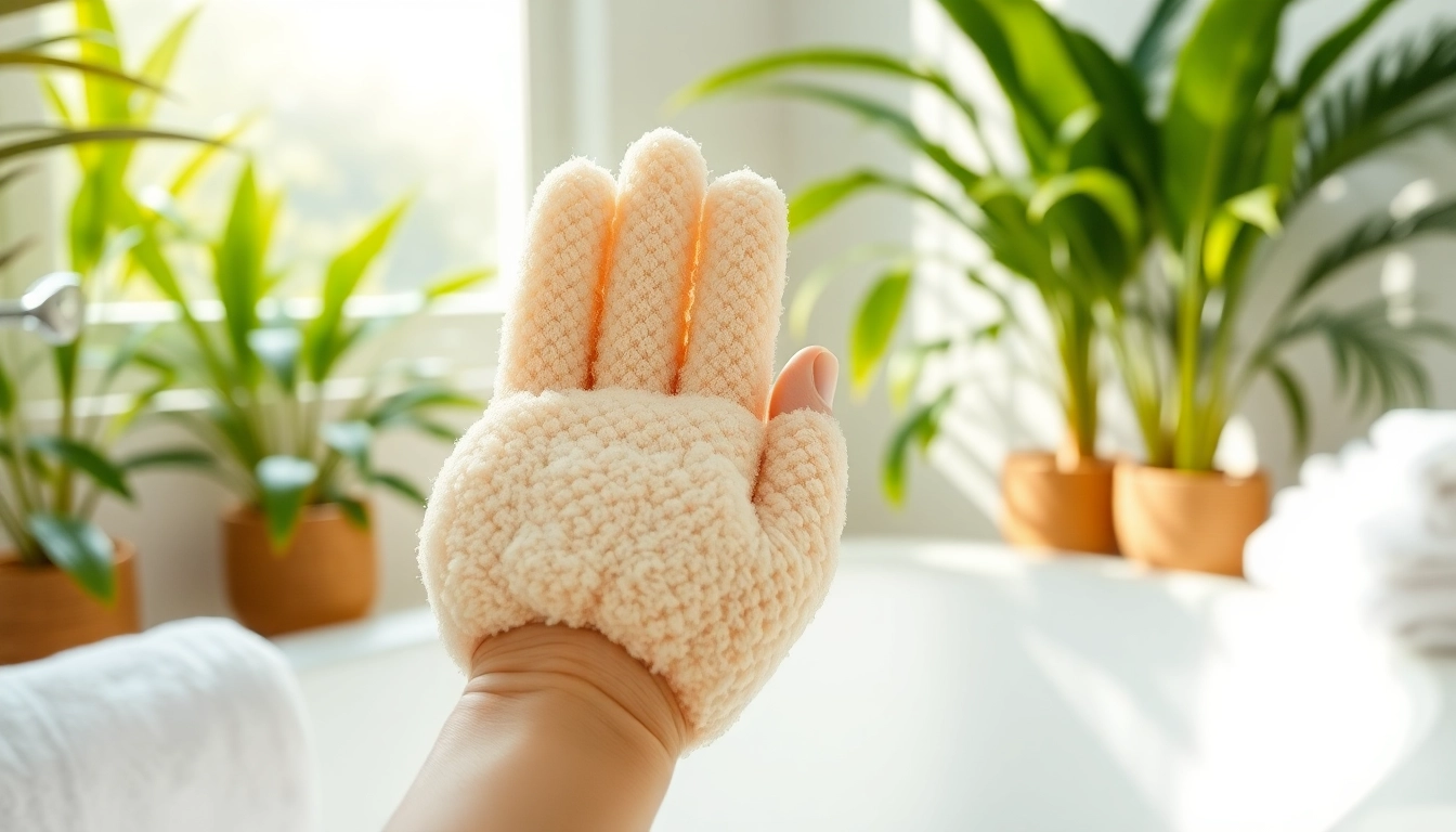 Hand loofah glove showcasing its texture and fibers in a well-lit bathroom.